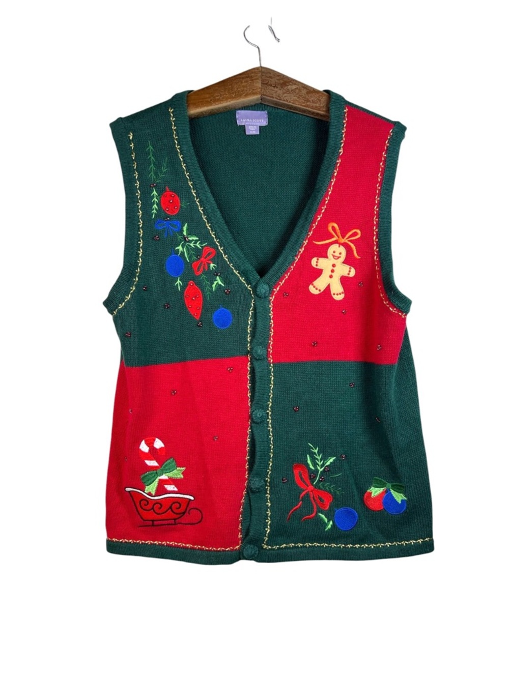 Laura Scott Gingerbread Man Ugly Christmas Sweater Vest Size XL Grandmacore